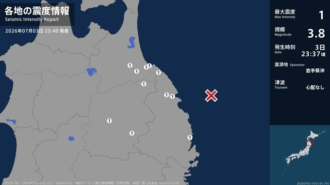 青森県、岩手県で最大震度1の地震　青森県・八戸市、五戸町、青森南部町、階上町、岩手県・宮古市、久慈市|TBS NEWS DIG