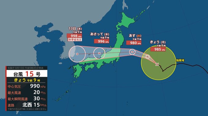 【台風情報】台風15号（チャンホン）は11日に東北太平洋側～関東に上陸へ　その後本州を東から西に横断か（10日午前9時現在）　土砂災害・浸水・河川の増水・暴風・高波に警戒【雨風シミュレーション（10日～15日）】|TBS NEWS DIG