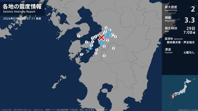 熊本県で最大震度2の地震　熊本県・熊本南区、八代市、宇城市、上天草市|TBS NEWS DIG
