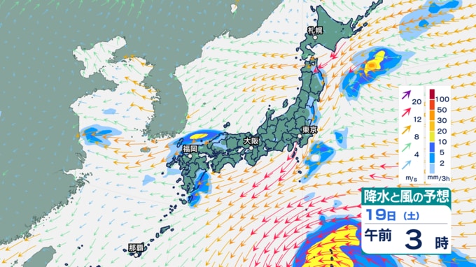 19日午前3時の降水と風の予想