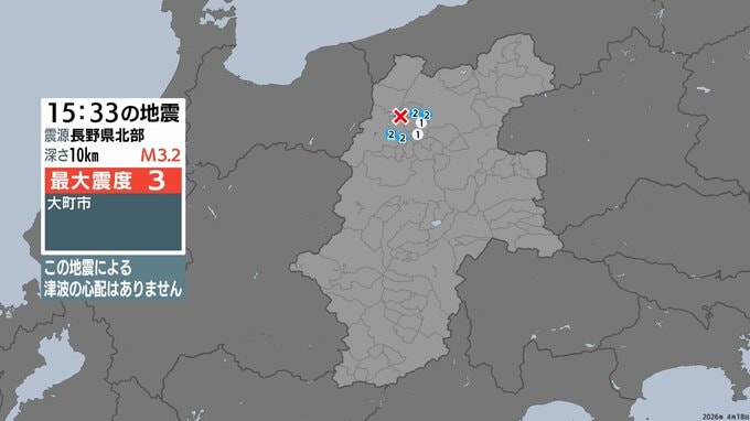 【18日午後3時33分ごろの地震】長野県北部を震源　大町市で震度３|TBS NEWS DIG