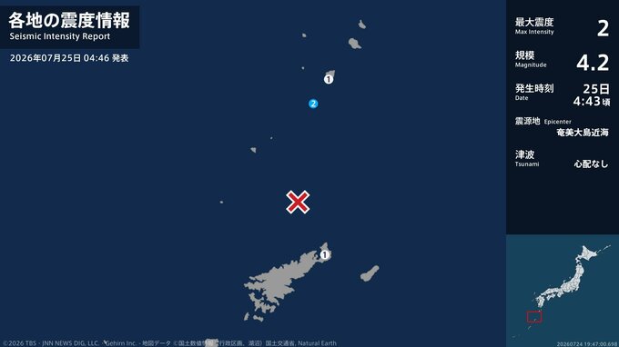 鹿児島県で最大震度2の地震　鹿児島県・鹿児島十島村|TBS NEWS DIG