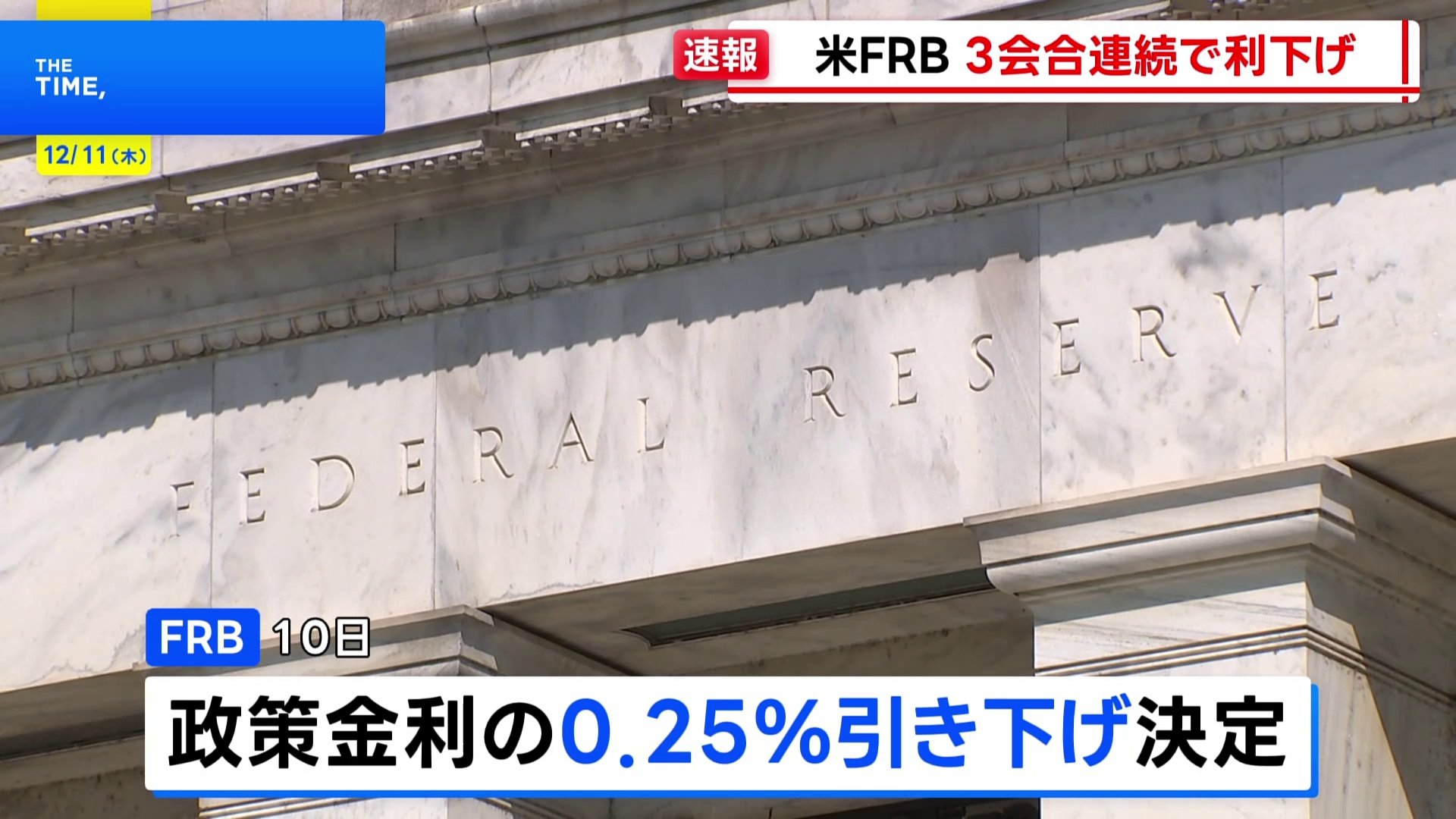 FRB 3会合連続で0.25％の利下げ決定 3人の出席者が反対 パウエル議長は今後の追加利下げ慎重に進める姿勢「経済の動向を見極めるのに良い状態」 |  TBS NEWS DIG