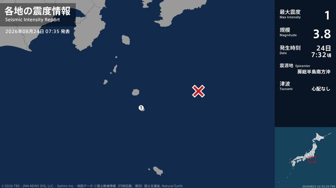 東京都で最大震度1の地震　東京都・御蔵島村|TBS NEWS DIG