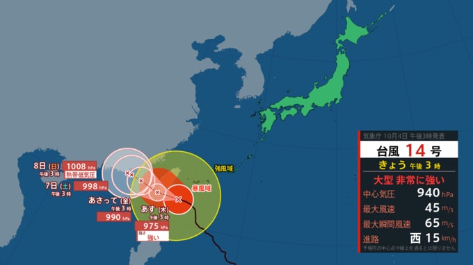 【台風情報】台風14号「コイヌ」“大型で非常に強い”時速15キロで西方向へ　あす５日にかけて沖縄地方は強風、高波に注意|TBS NEWS DIG