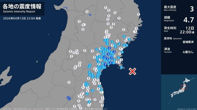 【地震情報】宮城県・岩手県で最大震度3の地震　津波の心配なし|TBS NEWS DIG