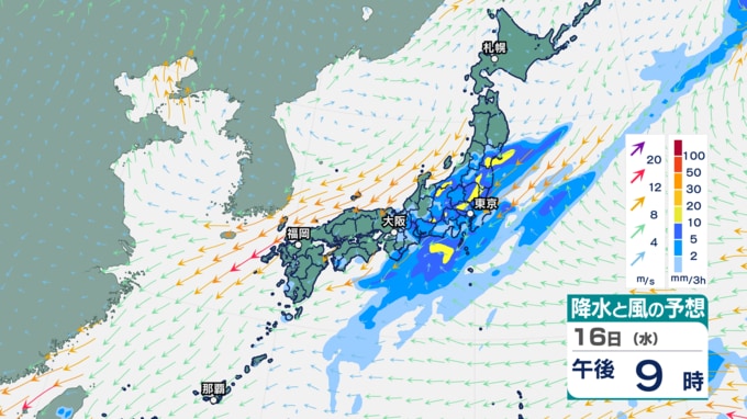 16日午後9時の降水と風の予想