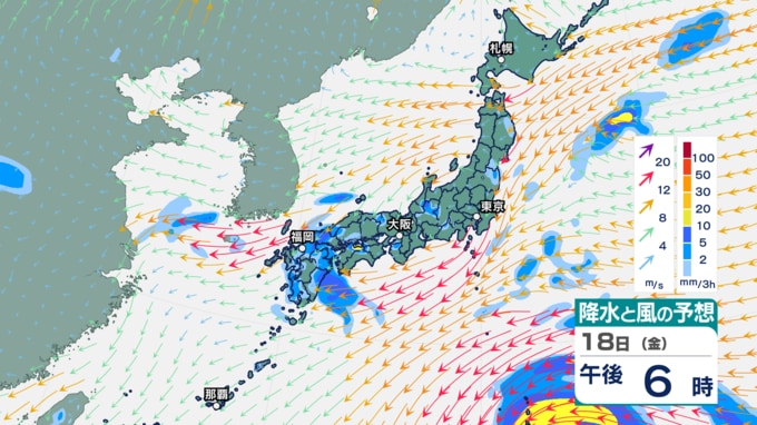 18日午後6時の降水と風の予想
