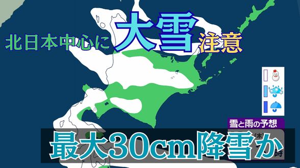 北日本中心に降雪強まる予想　大雪のおそれも　12日夕方までに北海道で最大30cm降雪か　多雪地では雪崩に注意【雪と雨のシミュレーション】　|　富山のニュース｜天気・防災｜チューリップテレビ