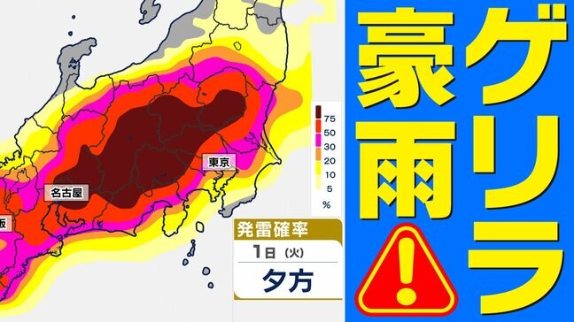 【東京首都圏  ゲリラ豪雨に注意】非常に激しい雨 落雷 突風 ひょうに注意【雨・発雷確率のシミュレーション7月1日（火）～2日（水）】気象庁発表を詳しく 東京・神奈川・埼玉・千葉・群馬・栃木・茨城「大雨に関する気象情報 」|TBS NEWS DIG