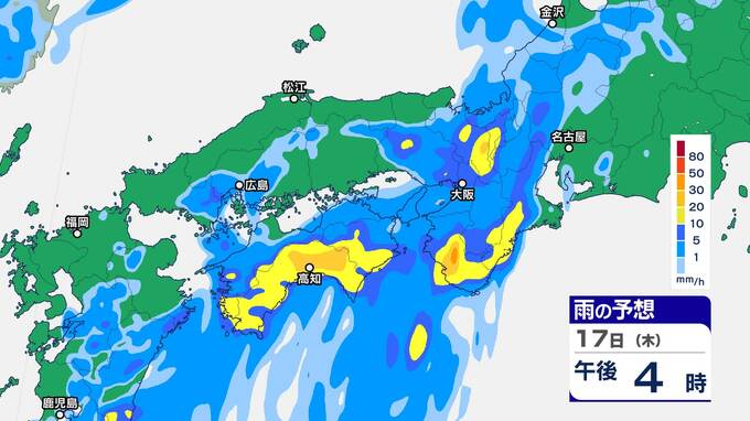 【大雨情報】高知県と徳島県　線状降水帯が発生して大雨災害発生の危険度が急激に高まる可能性  17日昼過ぎから夜遅くにかけて【雨のシミュレーション1時間毎】|TBS NEWS DIG
