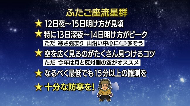この週末が見ごろ「ふたご座流星群」　一番のピークは13日(金)の深夜から14日(土)の明け方 　観測のコツは|TBS NEWS DIG