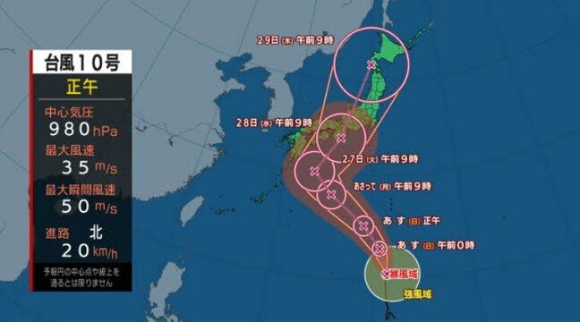 【台風情報】台風10号　「強い台風に」になり北上　27日には「非常に強い台風に」最大瞬間風速60メートル予想（29日までの風雨のシミュレーション）|TBS NEWS DIG