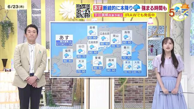 【あす6/24(火)広島天気 】断続的に本降りの予想　雷を伴い局地的強雨の時間も　|TBS NEWS DIG