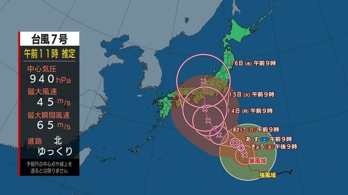 【11日午前11時更新】台風7号 最新進路予想 15日から強い勢力で列島最接近 14日ごろから大荒れの恐れ　|　愛媛のニュース - Nスタえひめ｜あいテレビは6チャンネル