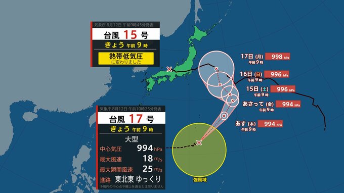 【台風情報】台風17号（ナンカー）発生　関東～東北太平洋側に接近の可能性　台風15号は熱帯低気圧へ【雨風シミュレーション（12日～17日）】|TBS NEWS DIG