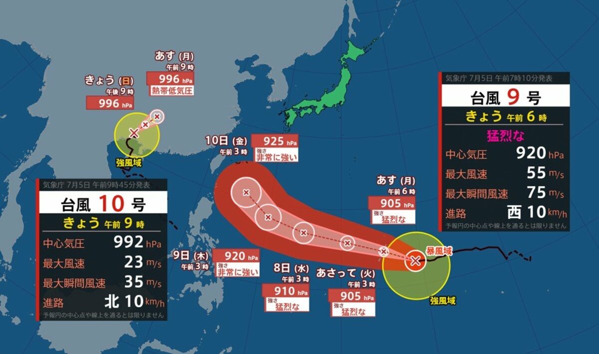 台風情報】（5日午前7時現在）台風9号（バービー）は6日～8日は「猛烈