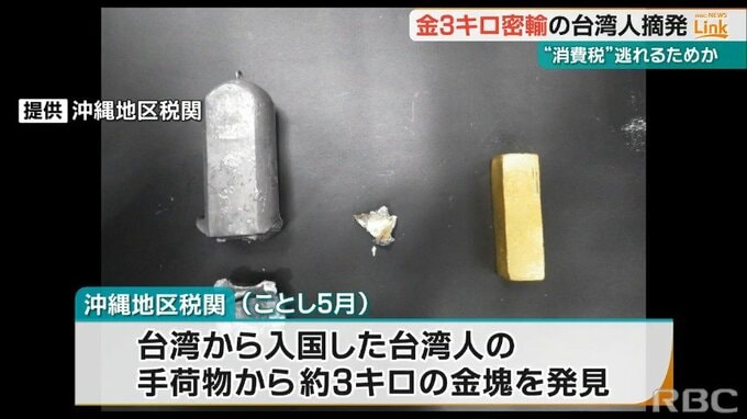釣りの重りを装い3キロの金を密輸　検査官が重量の違和感に気づき台湾人を摘発　　|　沖縄のニュース｜RBC 琉球放送