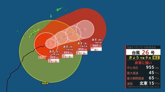 【台風情報】台風26号（スリゲ）非常に強い勢力で南大東島に接近へ　最大瞬間風速65m/s、中心気圧955hPa（27日午後9時推定）【雨と風のシミュレーション】　|　富山のニュース｜天気・防災｜チューリップテレビ