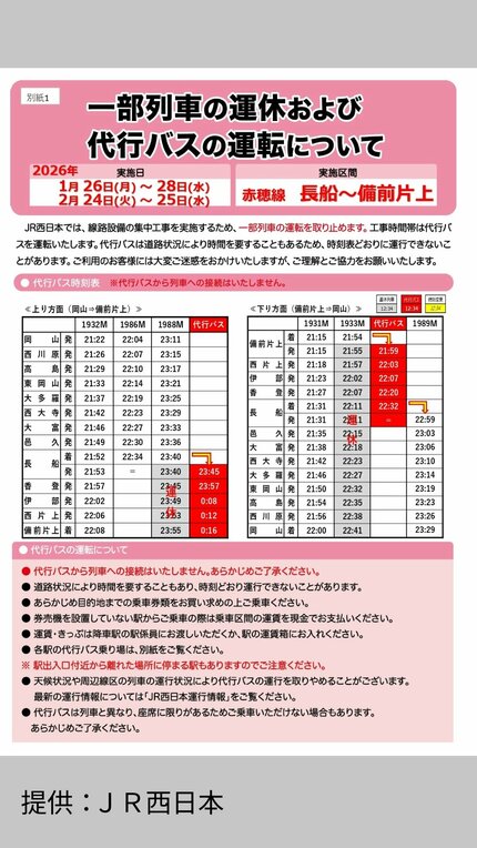 JR赤穂線】備前片上駅～長船駅間 26日（月）～28日（水）夜間保守工事