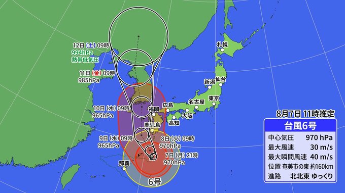 【台風6号】ゆっくり北上→9日に九州にかなり接近か…総雨量が8月の月降水量を大きく超えるおそれも　奄美・九州南部では線状降水帯の予測情報（雨・風シミュレーション）8月7日17時時点の台風情報・台風進路予想|TBS NEWS DIG