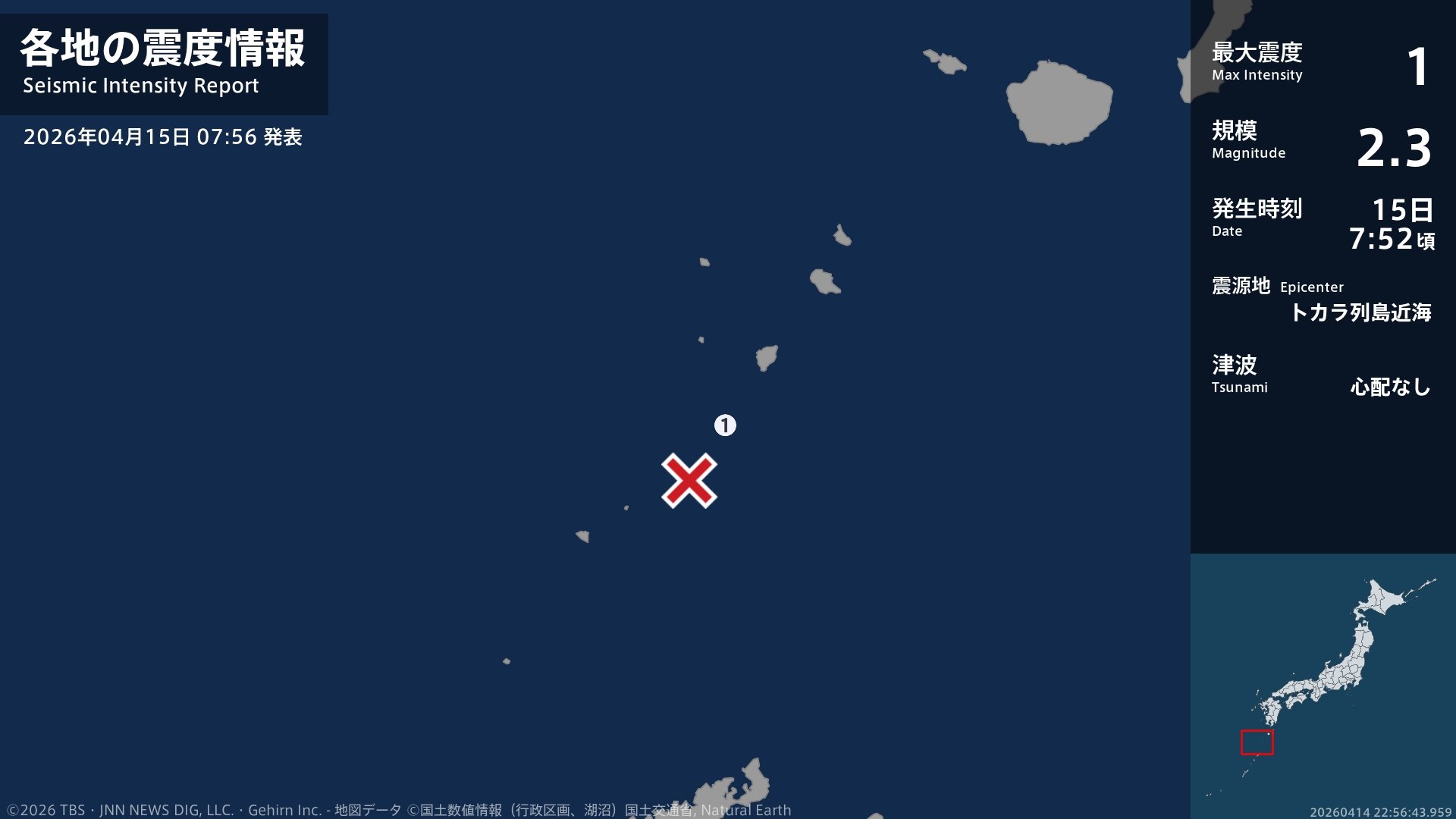 鹿児島県で最大震度1の地震 鹿児島県・鹿児島十島村 | TBS NEWS DIG