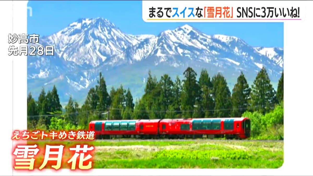 まるでスイス？」新緑と残雪の妙高山をバックに真っ赤な雪月花 “絶景