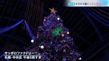 商業施設で高さ15メートルのジャンボクリスマスツリー点灯 約5万個の