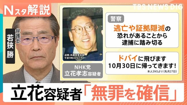 「逃亡や証拠隠滅の恐れがある」NHK党・立花孝志容疑者を元兵庫県議への名誉毀損疑いで逮捕　立花容疑者は「無罪を確信」【Nスタ解説】|TBS NEWS DIG