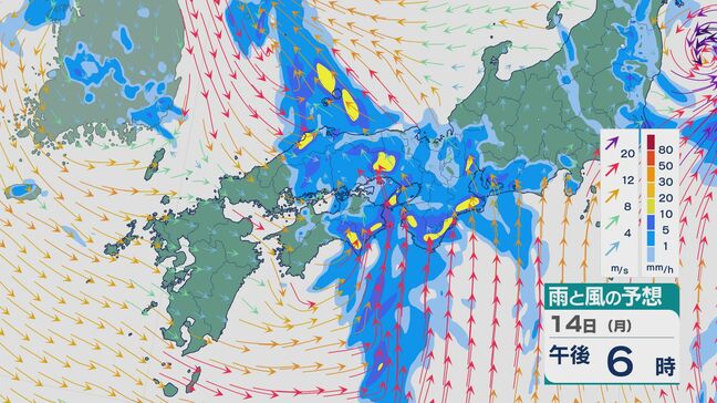 14日(月)は“日本海西部の低気圧”と“太平洋高気圧”の影響で暖かく湿った空気が流れ込み西日本で大気の状態非常に不安定になり大雨のところも 発達した雨雲は次第に東へ 雨と風シミュレーション|TBS NEWS DIG