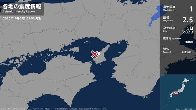 兵庫県で最大震度1の地震　兵庫県・洲本市|TBS NEWS DIG