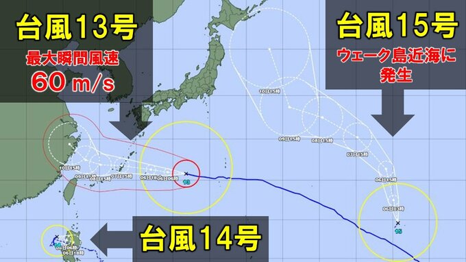 【台風情報】“トリプル台風”発生中　台風13号(ドルフィン)は最大瞬間風速60m/sの勢力で日本の南に　台風14号、台風15号の動きは　今後の勢力、進路予想　あす以降の天気を画像で　気象庁　|　山形のニュース│TUYテレビユー山形