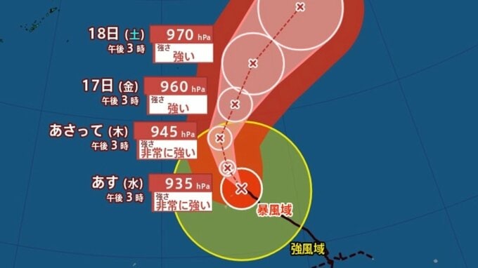 【台風情報】「台風4号」大型で猛烈な勢力に発達　最大瞬間風速は75メートル 17日（金）には小笠原近海予想　今後の進路は？14日（火）～19日（日）雨風シミュレーション【気象庁 14日午後6時更新】|TBS NEWS DIG