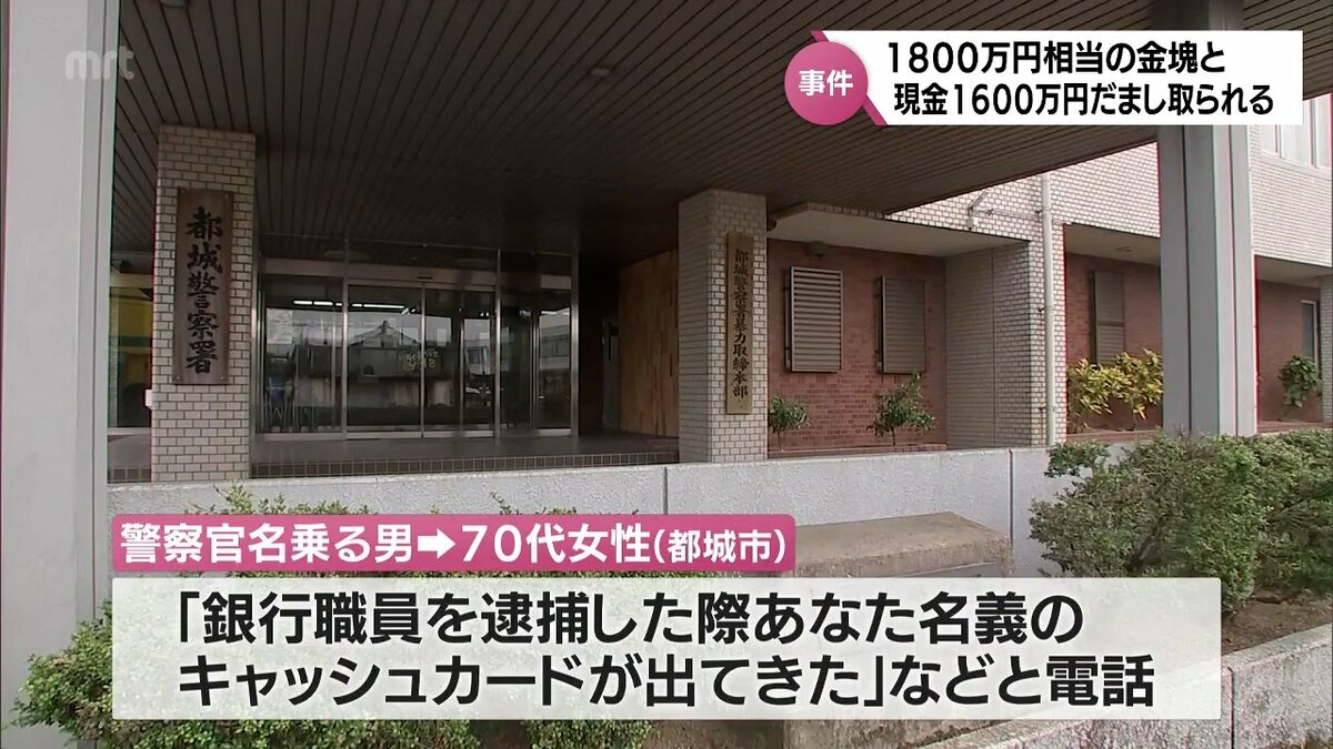 1800万円相当の金塊と現金1600万円をだまし取られる 都城市の70