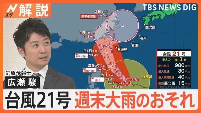 台風21号 急カーブで列島へ?“警報級”大雨のおそれ 3連休は各地で大雨に警戒を【Nスタ解説】|TBS NEWS DIG