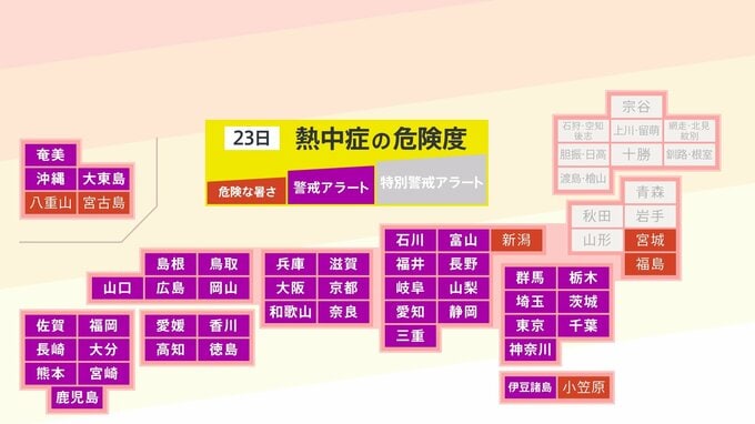 【熱中症警戒アラート】39都府県（41地域）に発表 熱中症の危険性が極めて高くなる危険な暑さの予想(7月23日5時)|TBS NEWS DIG