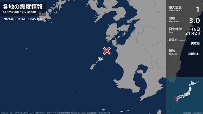 鹿児島県で最大震度1の地震　鹿児島県・薩摩川内市甑島|TBS NEWS DIG