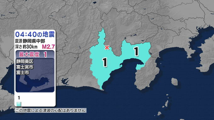 静岡市葵区、富士宮市、富士市で震度1　静岡県中部を震源とする地震　津波の心配なし【地震情報】|TBS NEWS DIG