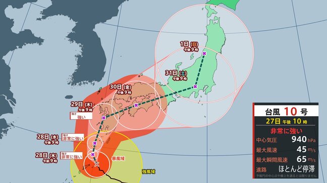 【台風10号】関東方面に進む？29日～30日頃に九州直撃か その後、四国→近畿→中部→東海→関東→東北へ 日本列島縦断か 線状降水帯にも警戒を【最新台風情報・台風進路図】|TBS NEWS DIG