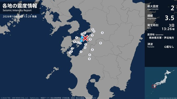 熊本県で最大震度2の地震　熊本県・上天草市|TBS NEWS DIG