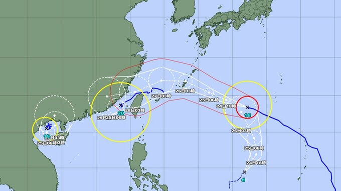 【台風情報】日本の南に台風3つ、台風のたまご…4つの台風になる可能性　台風18号は26日に沖縄直撃コース　雨は150ミリ程度、今後の進路と勢力などを詳しく　気象庁　|　山形のニュース│TUYテレビユー山形