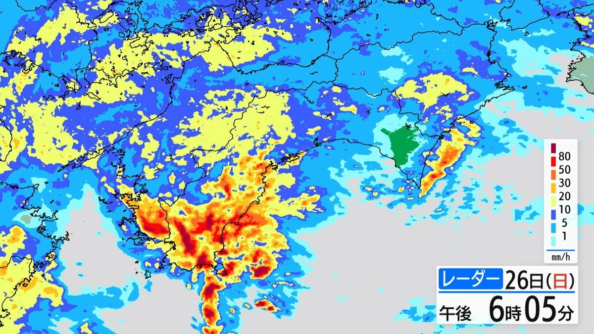 【大雨】高知県内で局地的に非常に激しい雨　1時間雨量は６つの観測地点で4月の観測史上最大に（26日午後9時半時点）