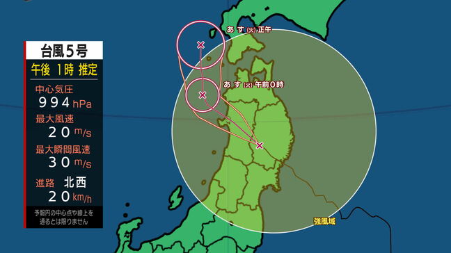 台風５号はこの後北西に進み東北地方を横断する見込み　 岩手県では大雨による土砂災害や低い土地の浸水、河川の増水や氾濫に厳重に警戒を　また暴風や高波にも警戒を|TBS NEWS DIG