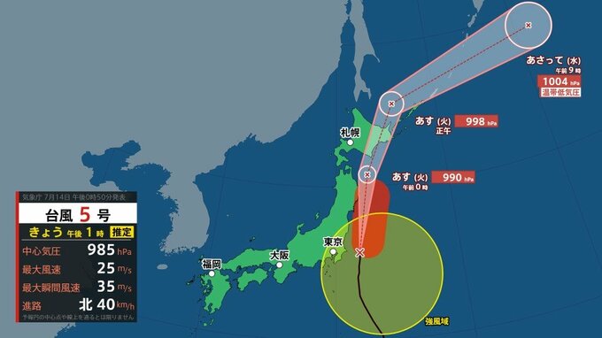 【台風5号】14日夜から15日朝にかけて北海道に上陸の可能性も　暴風・高波・大雨に厳重警戒《雨･風･波のシミュレーション14日～17日》|TBS NEWS DIG