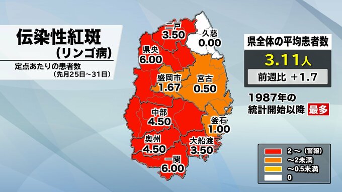 リンゴ病の1医療機関あたりの患者数が3.11人で統計開始以来最多　コロナも9週連続で増加　岩手|TBS NEWS DIG