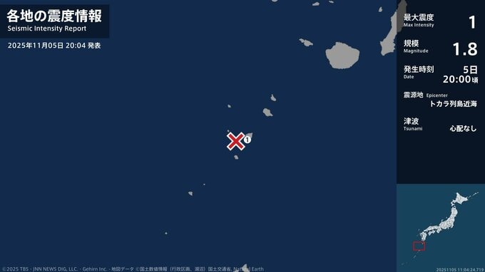 鹿児島県で最大震度1の地震　鹿児島県・鹿児島十島村|TBS NEWS DIG