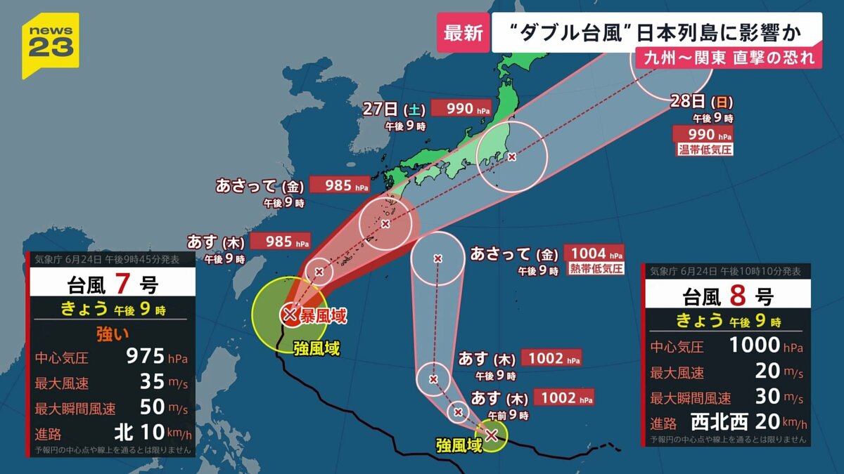 “ダブル台風”7号・8号が日本列島に接近…週末に九州～関東直撃おそれ　鹿児島では…