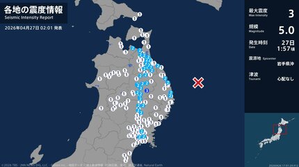 震度3 岩手県沖 2026年04月27日01:57ごろ 地震詳細 | 青森のニュース