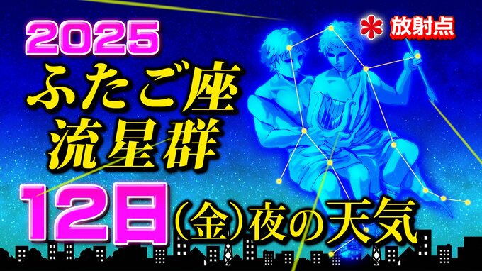 【ふたご座流星群２０２５】今日１２日（金）夜の天気「放射点の見け方・時間帯は何時がいい？・観察のポイント」今夜の天気（１時間ごと）・県庁所在地の１６日間予報「土日の夜は悪天候 今夜が◎」|TBS NEWS DIG