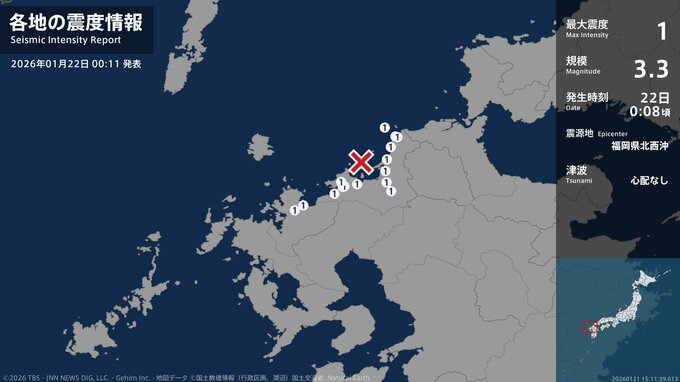 福岡県、佐賀県で最大震度1の地震　福岡県・福岡東区、福岡博多区、福岡西区、春日市、宗像市、福津市、糸島市|TBS NEWS DIG